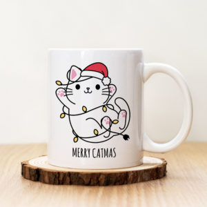 Коледна Чаша с надпис Merry Catmas Котка и Коледни Лампички