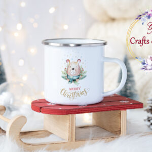 Коледно канче с мече и надпис Merry Christmas