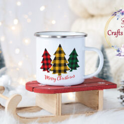 Коледно канче с дръвчета и надпис Merry Christmas