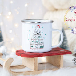 Коледно канче с елха от котки, сини звезди и надпис Meowy Catmas