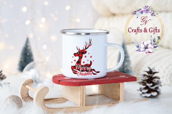 Коледно канче с кариран елен в червено и надпис Merry Christmas