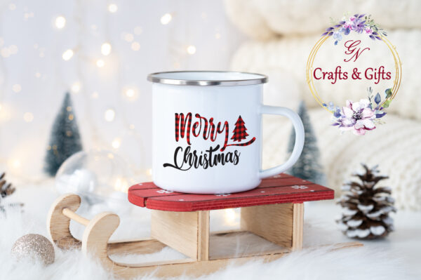 Коледно канче с кариран надпис Merry Christmas