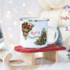 Коледно канче с флорална рамка в зелено и червено и надпис Merry Christmas