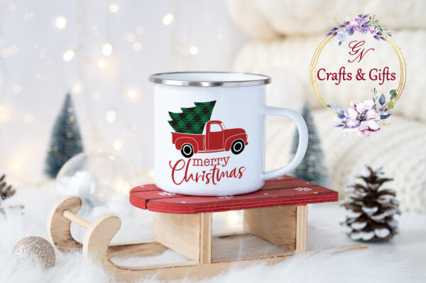Коледно канче с камионче и елха с надпис Merry Christmas