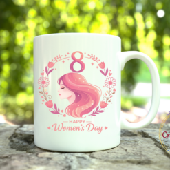 чаша 8 март розова илюстрация с женски профил и надпис Happy Women’s Day
