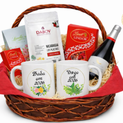 луксозна подаръчна кошница за нови баба и дядо Lindt с персонализирани чаши и кафе